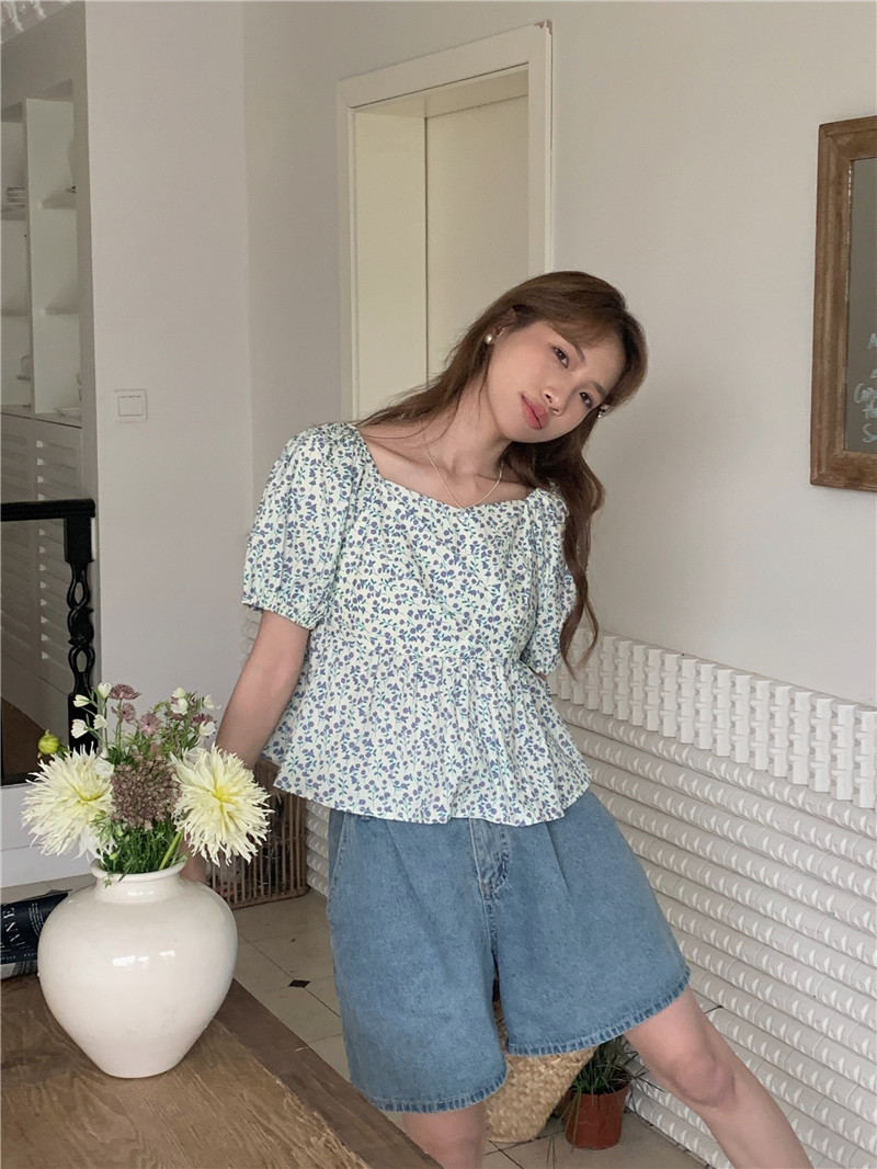 Fold refreshing short sleeve floral France style shirt