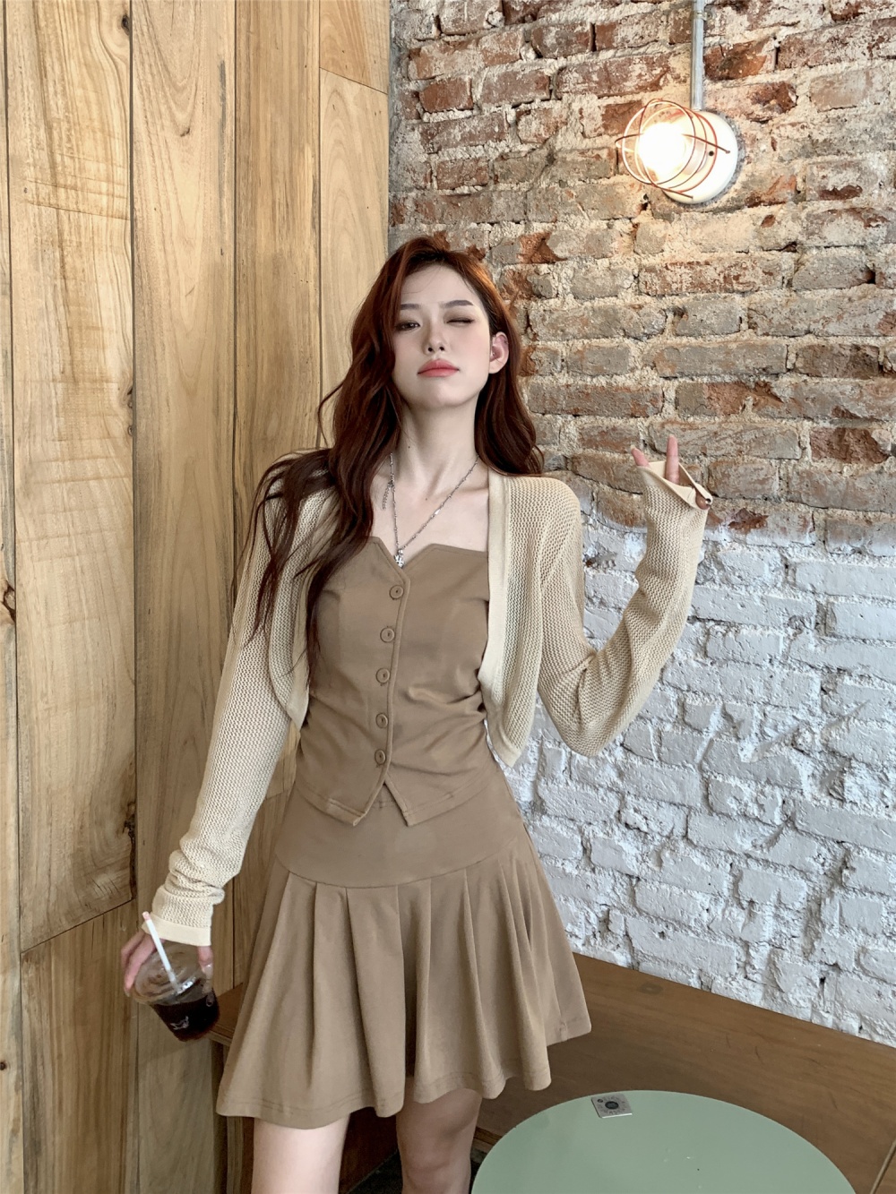 Fashion summer tops pleated sling cardigan 3pcs set for women