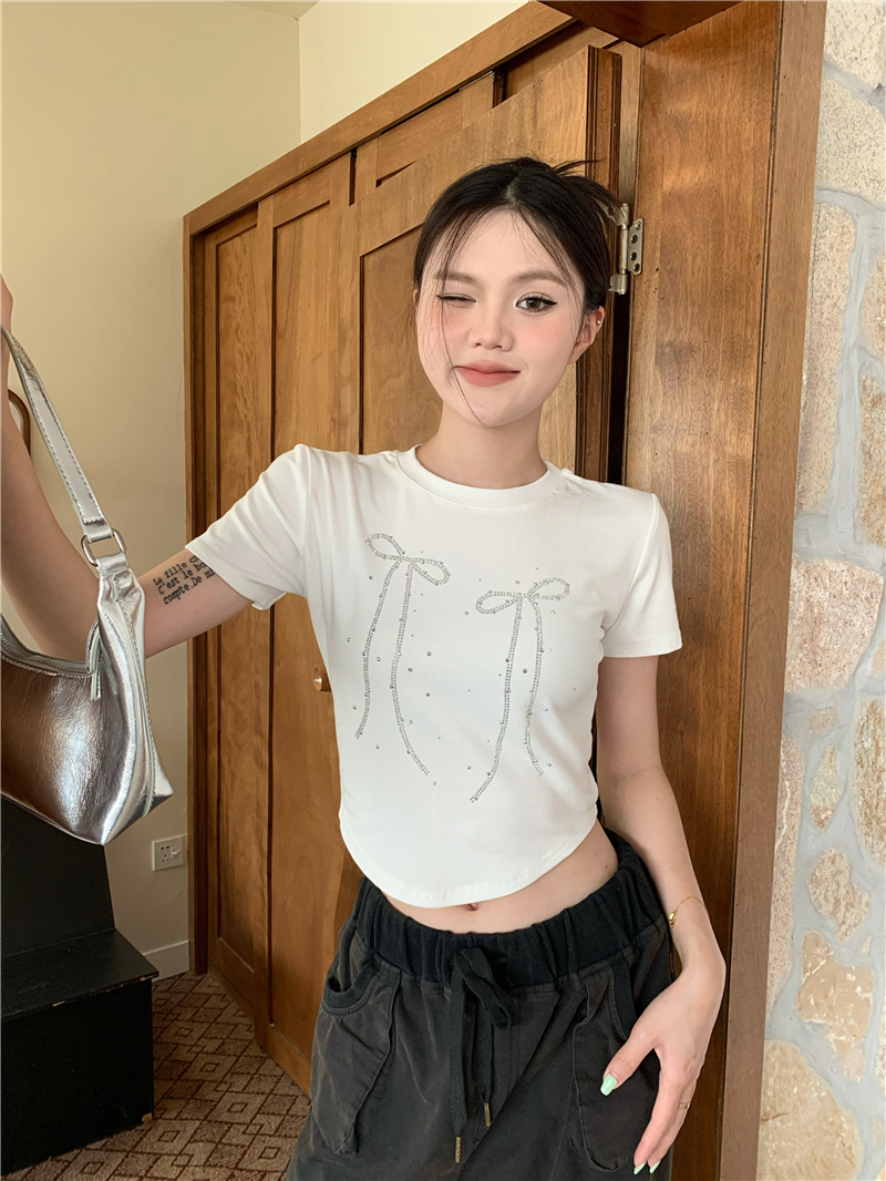 Bow printing rhinestone summer spicegirl short T-shirt