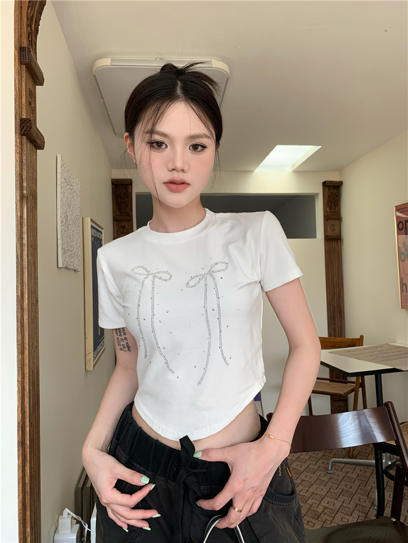 Bow printing rhinestone summer spicegirl short T-shirt