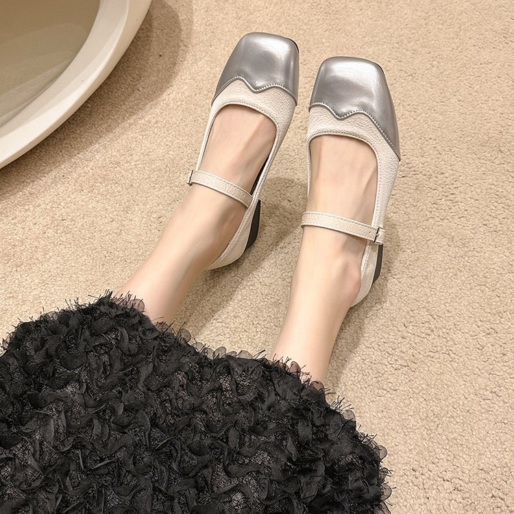 Korean style autumn low square head middle-heel thick shoes