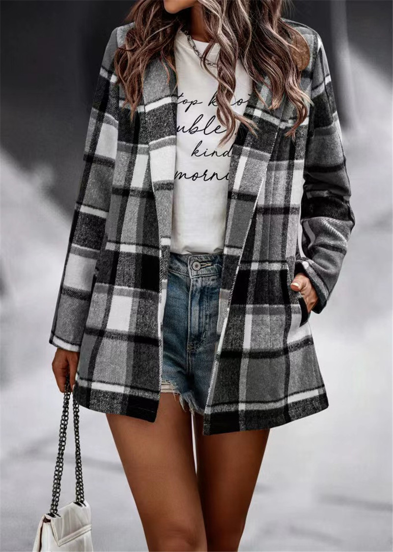 Plaid pocket cardigan loose autumn and winter tops