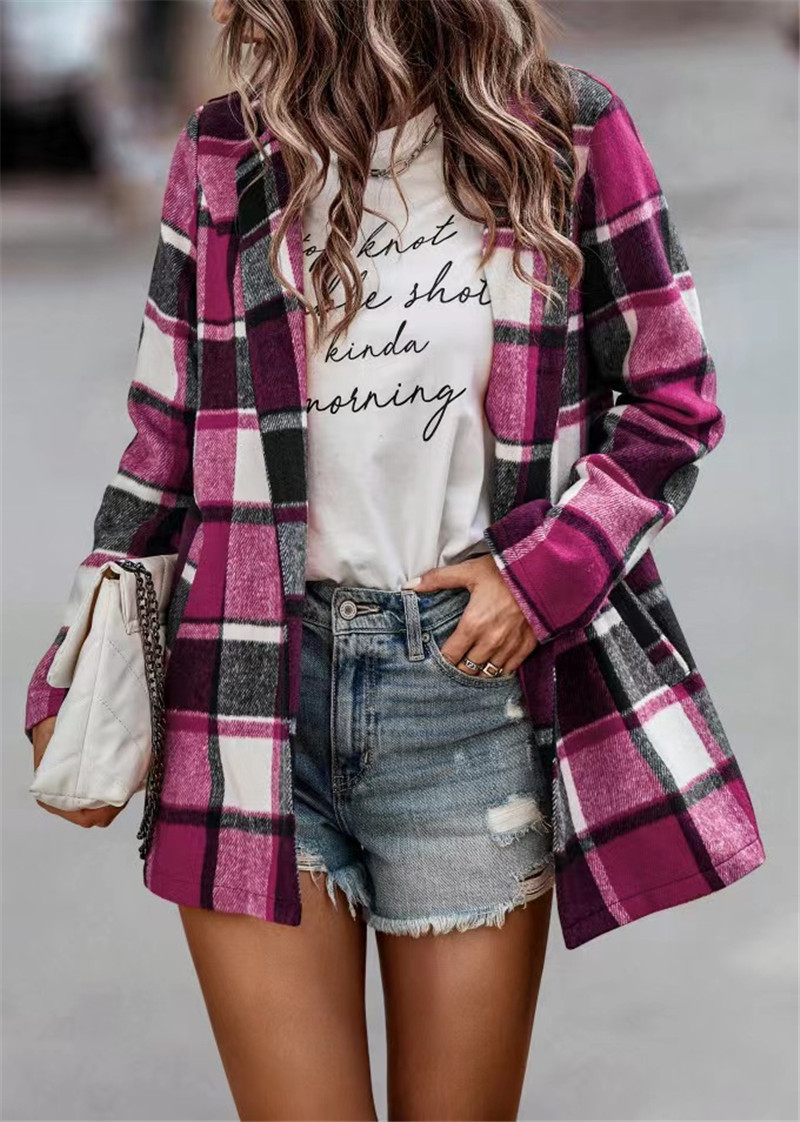 Plaid pocket cardigan loose autumn and winter tops
