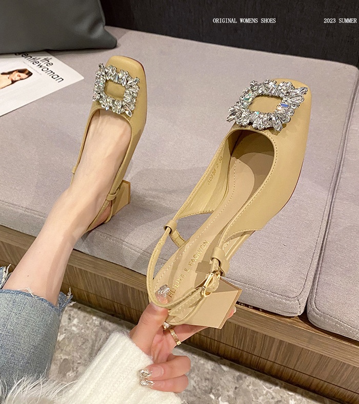 Thick spring and summer sandals square head rhinestone shoes