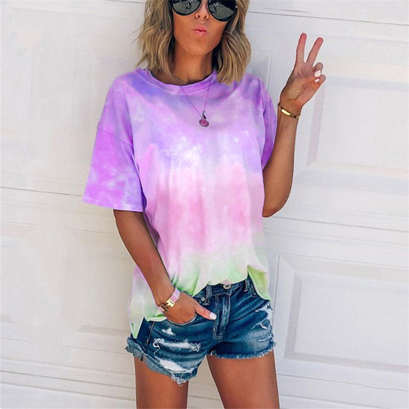 Tie dye loose summer printing gradient T-shirt for women