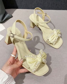 Bow pearl France style skirt thick high-heeled summer shoes