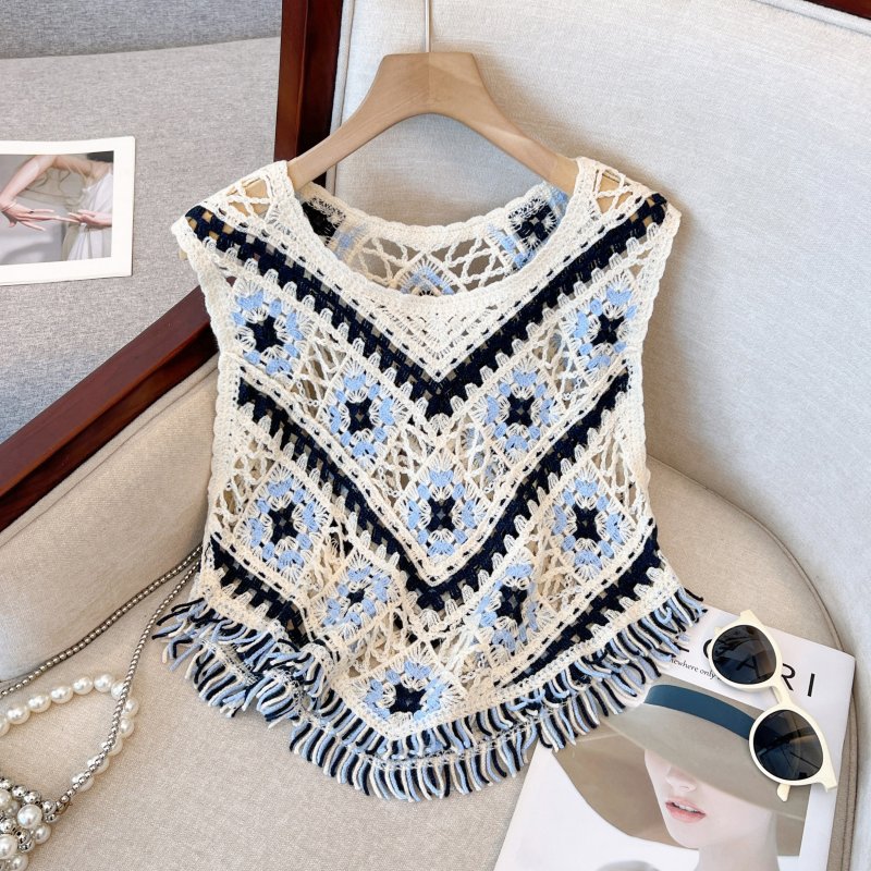 Short tassels waistcoat knitted tops for women