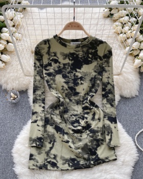 Tight ink round neck T-back long sleeve tie dye dress
