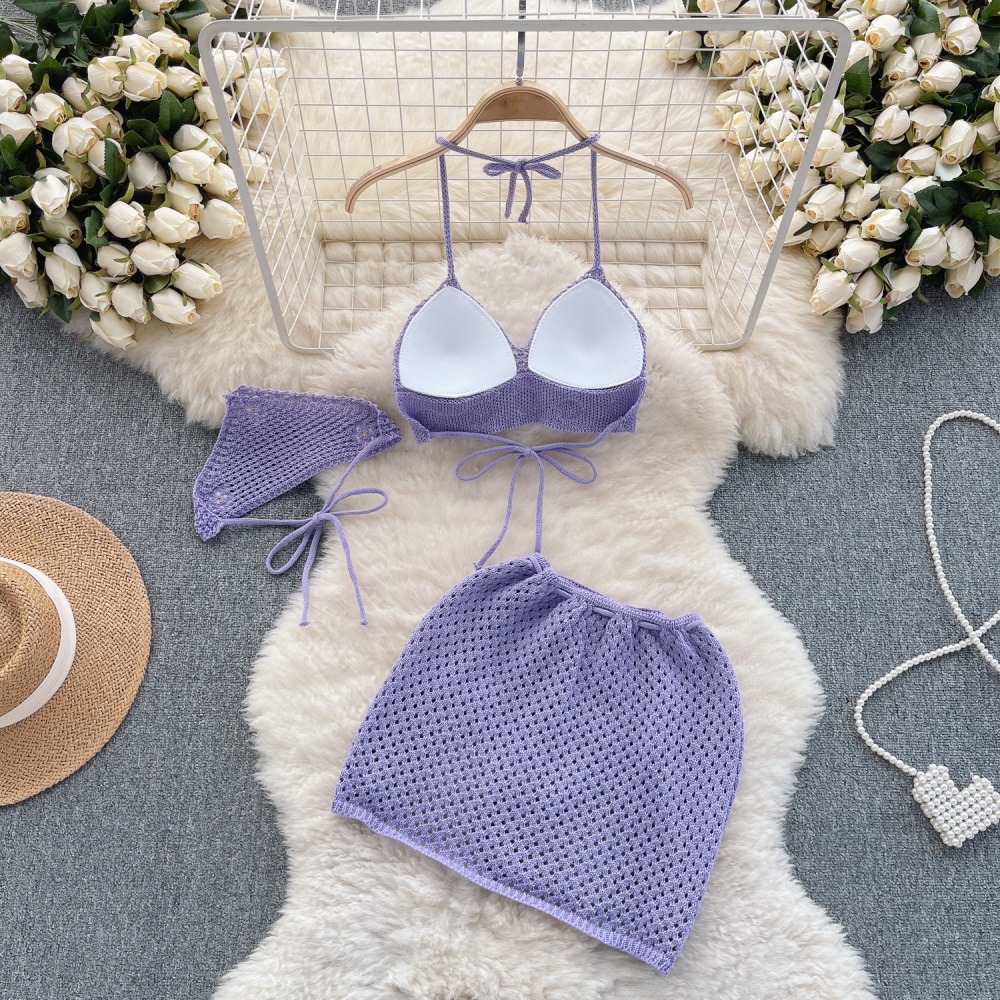 Knitted summer short skirt seaside swimwear 3pcs set for women