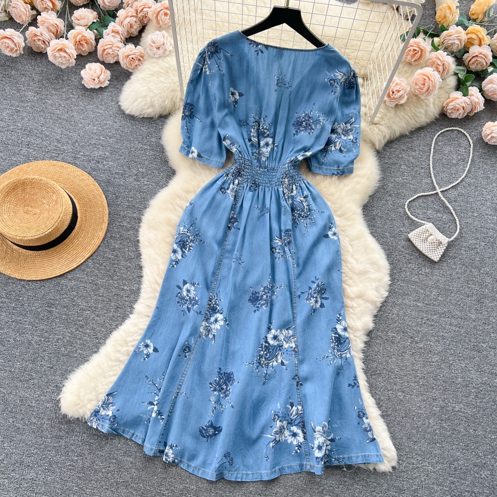 Retro denim France style puff sleeve dress for women