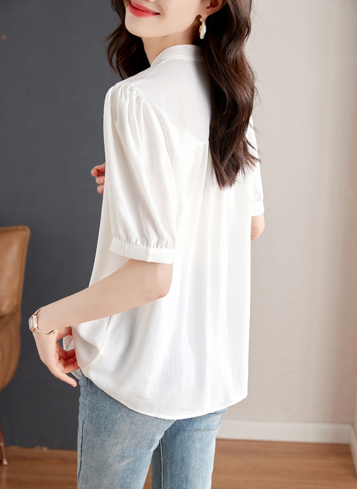 Cstand collar loose shirt white short sleeve tops for women