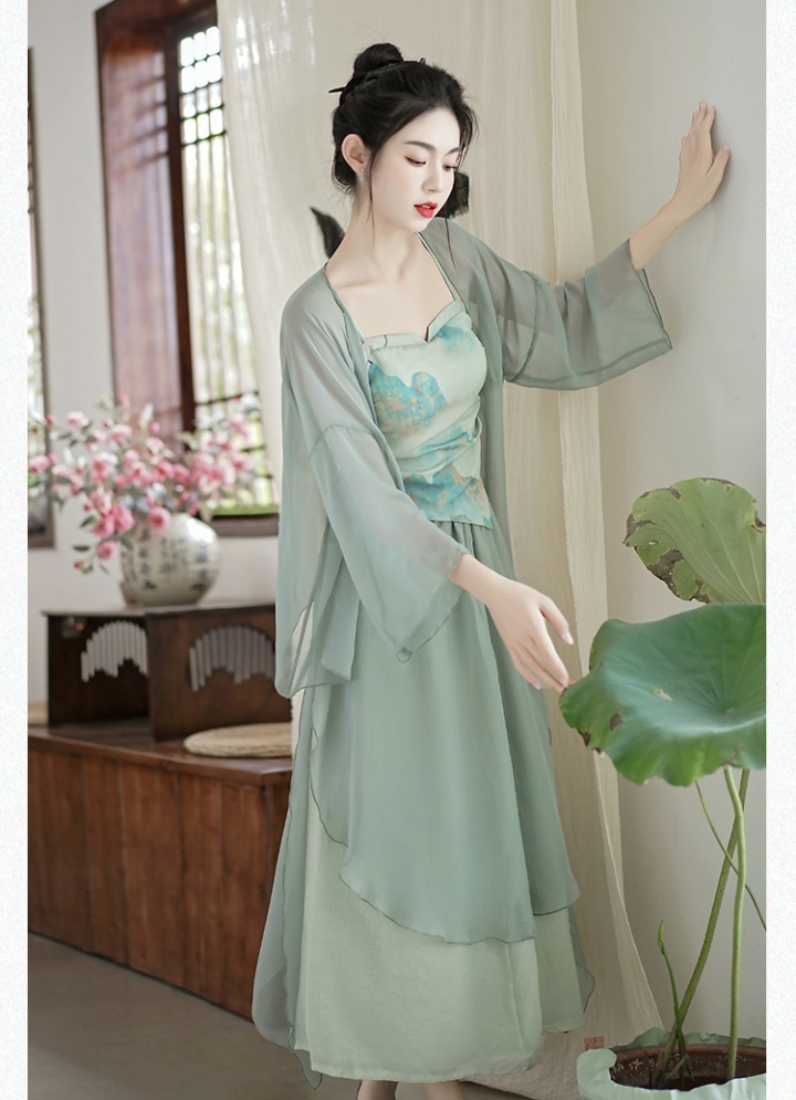 Chinese style short skirt green cardigan 3pcs set