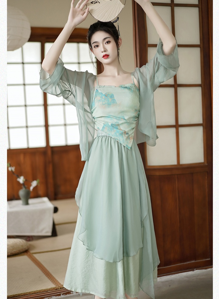 Chinese style short skirt green cardigan 3pcs set