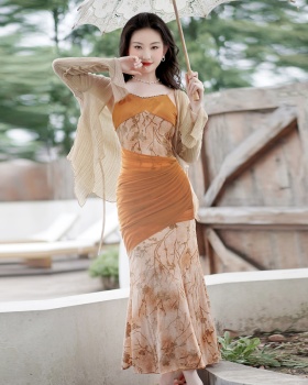 Chinese style strap dress was white cardigan 2pcs set
