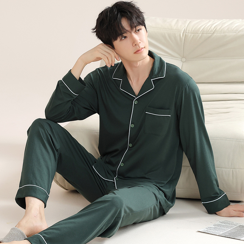 Cotton Casual pajamas long sleeve cardigan 2pcs set for men