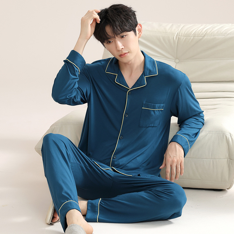 Cotton Casual pajamas long sleeve cardigan 2pcs set for men
