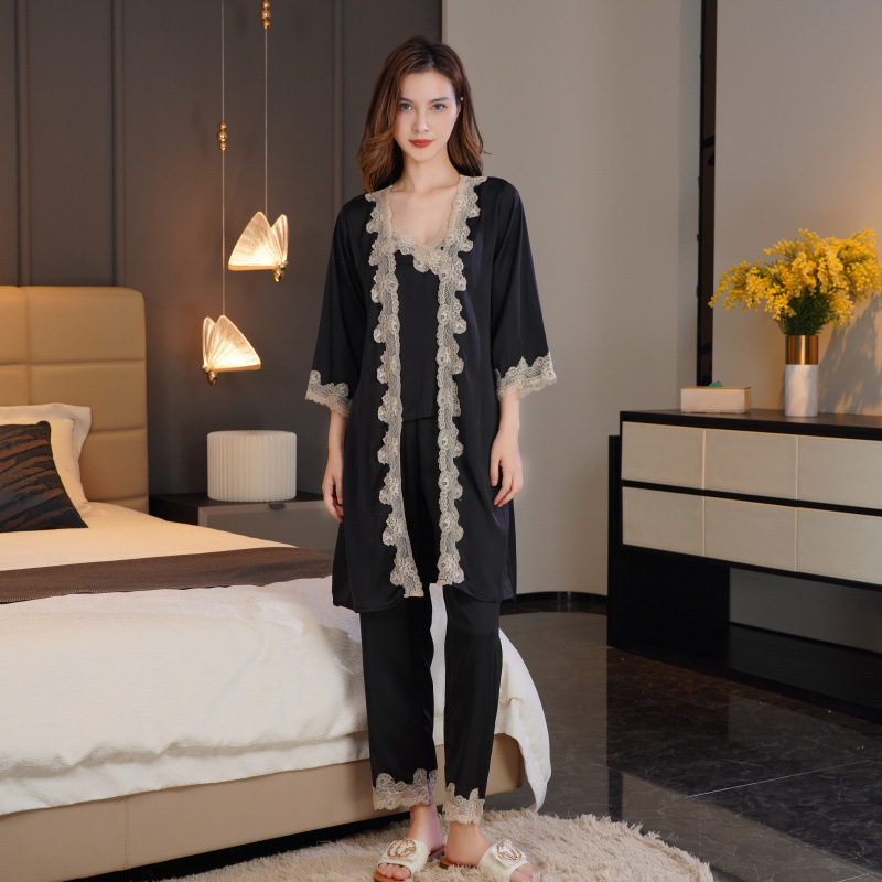 Lace nightgown autumn pajamas 3pcs set for women