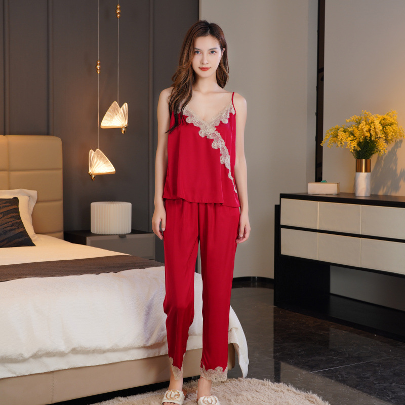 Lace nightgown autumn pajamas 3pcs set for women