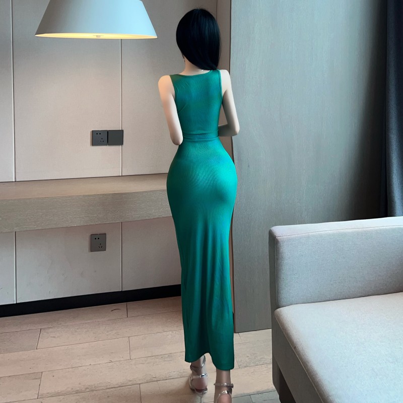 Split package hip formal dress V-neck green dress