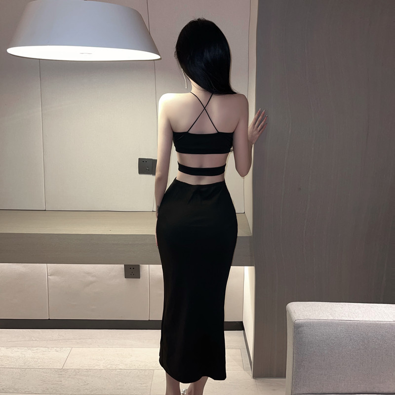 Slim pure sling formal dress hollow black long dress