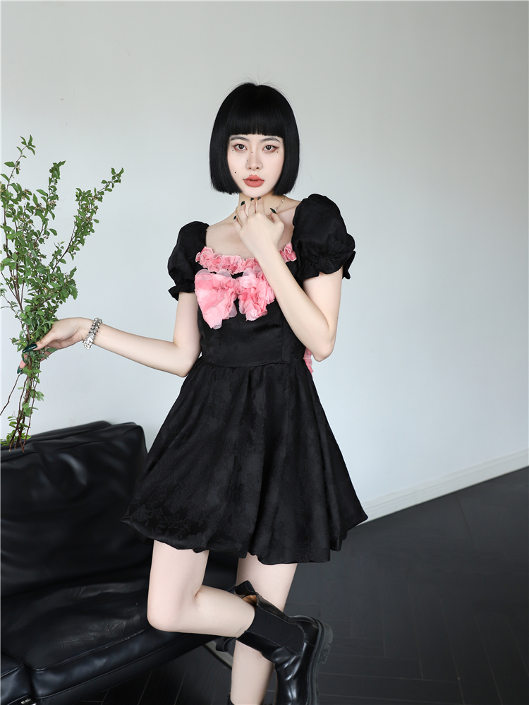Rose black thick and disorderly sweet bandage dress