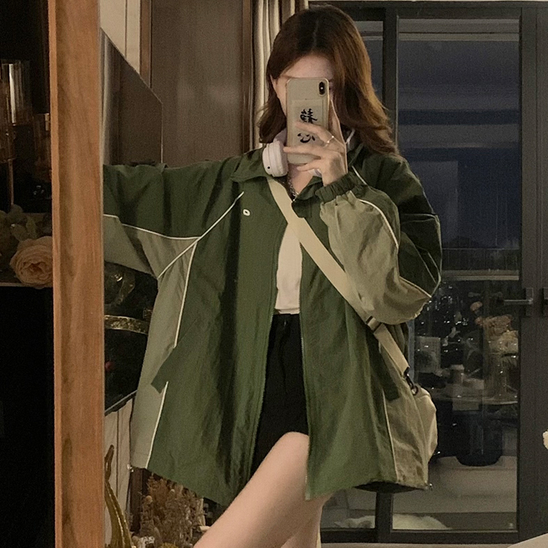 Couples loose technical jacket green retro coat for women