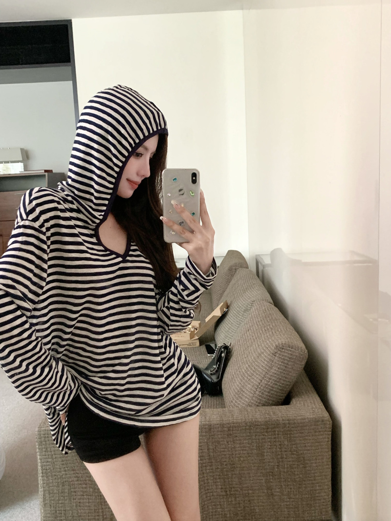 Lazy loose hooded T-shirt stripe autumn all-match tops