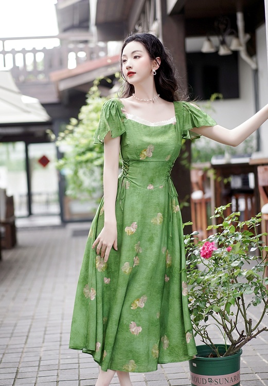 Temperament square collar pinched waist blooming retro dress