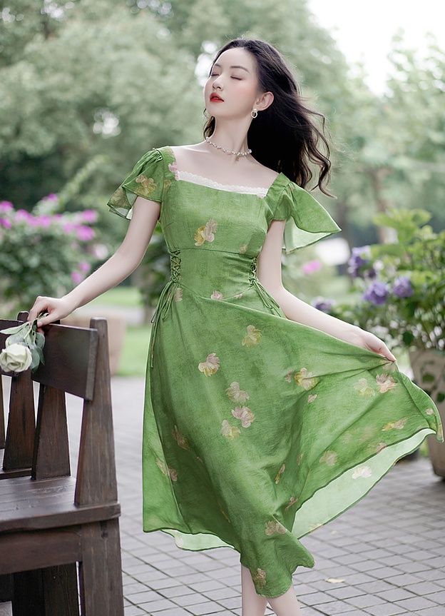 Temperament square collar pinched waist blooming retro dress