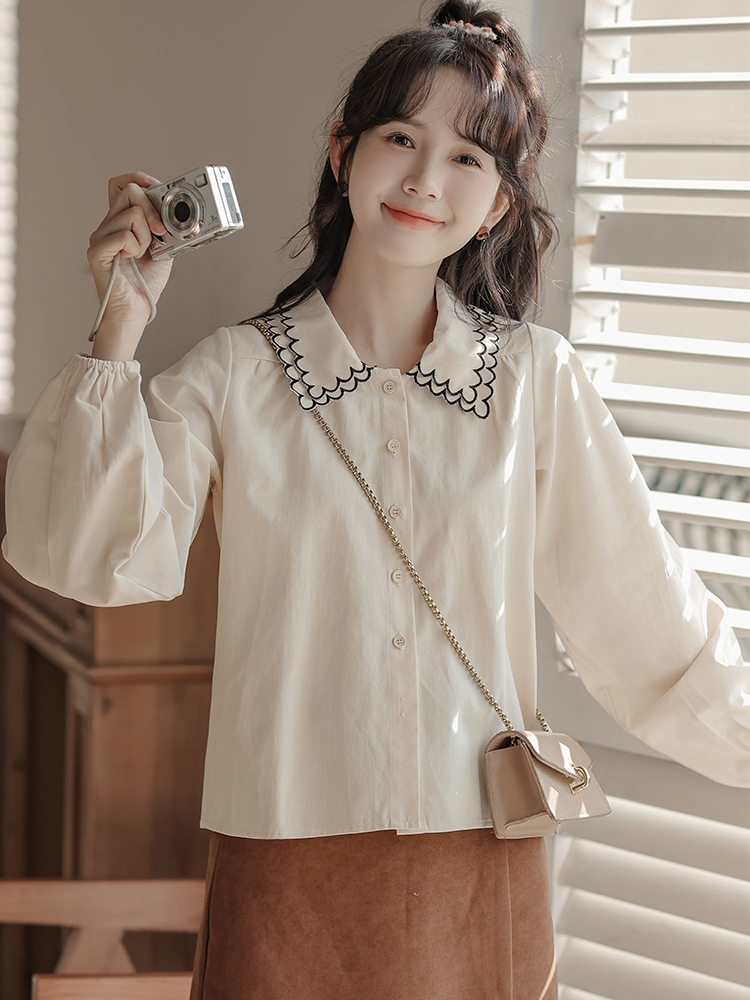 Long sleeve lapel embroidery all-match autumn lovely shirt