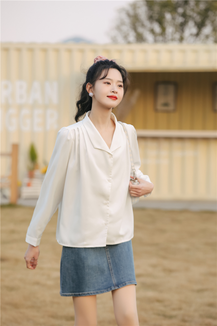 Loose chiffon long sleeve lapel autumn white shirt for women