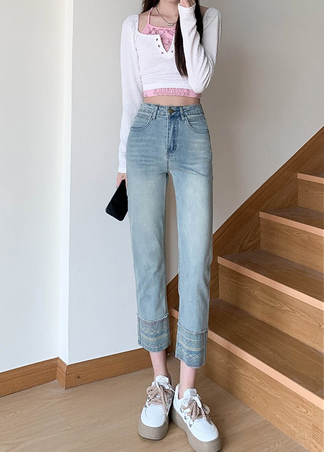 Slim printing jeans elasticity straight nine pants for women