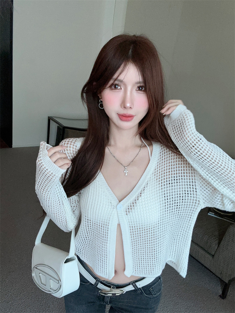 Knitted hollow niche tops autumn long sleeve lazy cardigan