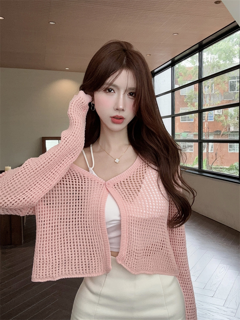 Knitted hollow niche tops autumn long sleeve lazy cardigan