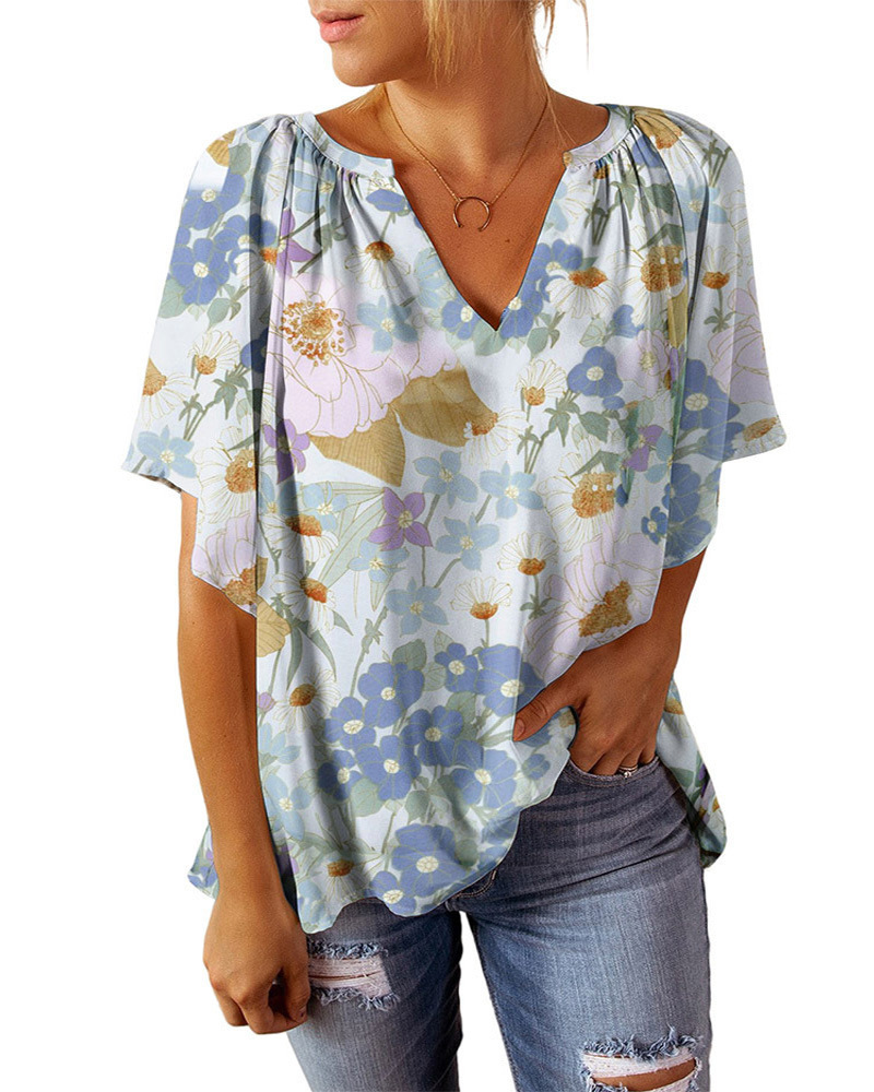 Short sleeve printing tops summer V-neck T-shirt