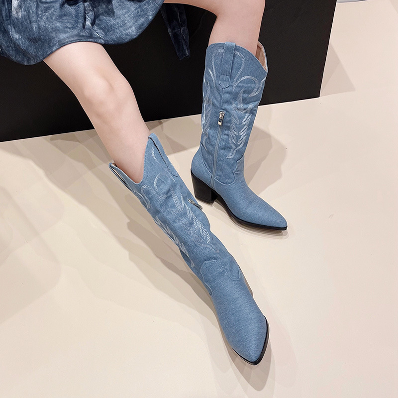 Square head thick thigh boots denim boots for women