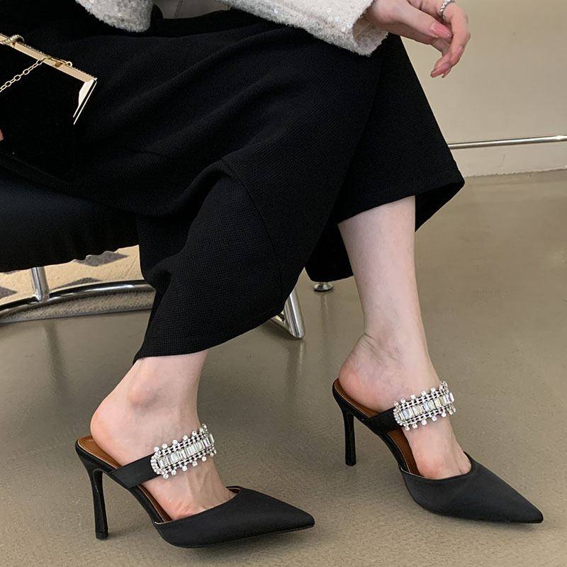 High-heeled rhinestone slippers pointed summer shoes