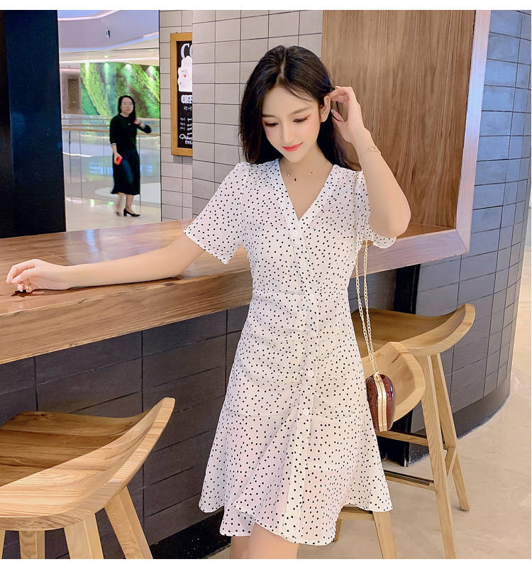 Korean style pinched waist polka dot slim summer dress