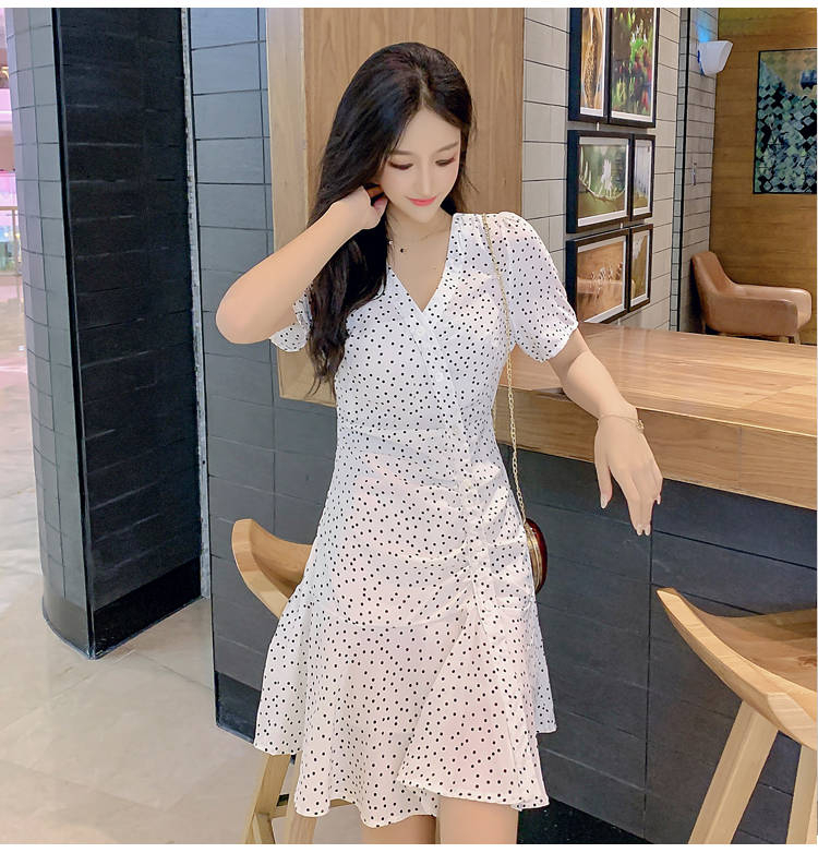 Korean style pinched waist polka dot slim summer dress