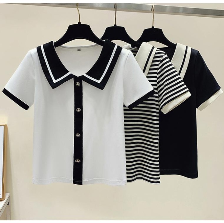 Doll collar slim shirts summer stripe T-shirt for women