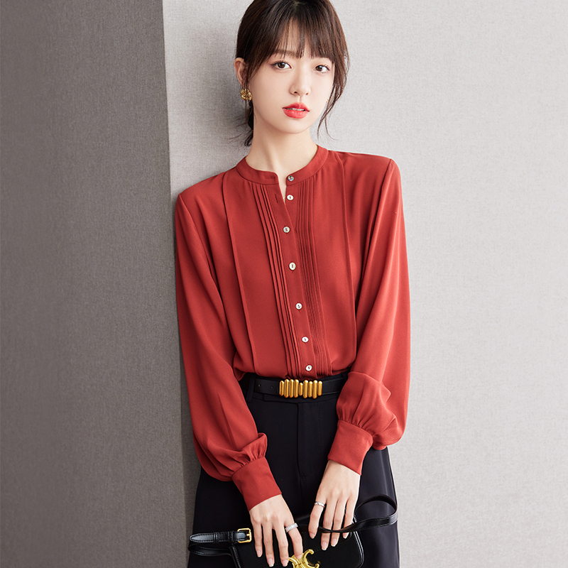 Loose drape tops red long sleeve shirt for women