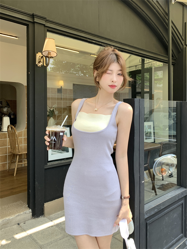 Mixed colors splice slim sling knitted dress