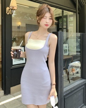 Mixed colors splice slim sling knitted dress