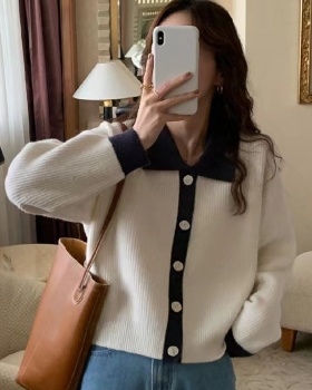 Knitted lapel cardigan mixed colors loose sweater for women
