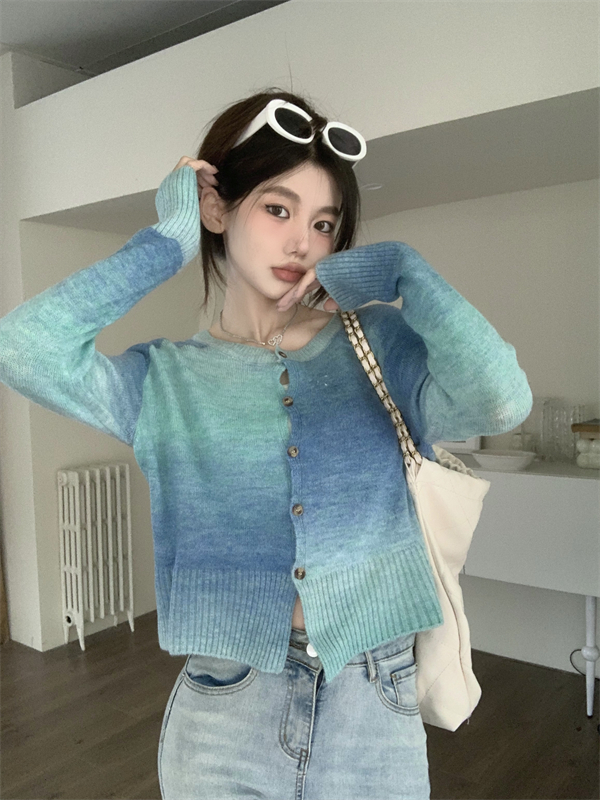 Gradient blue cardigan knitted autumn sweater