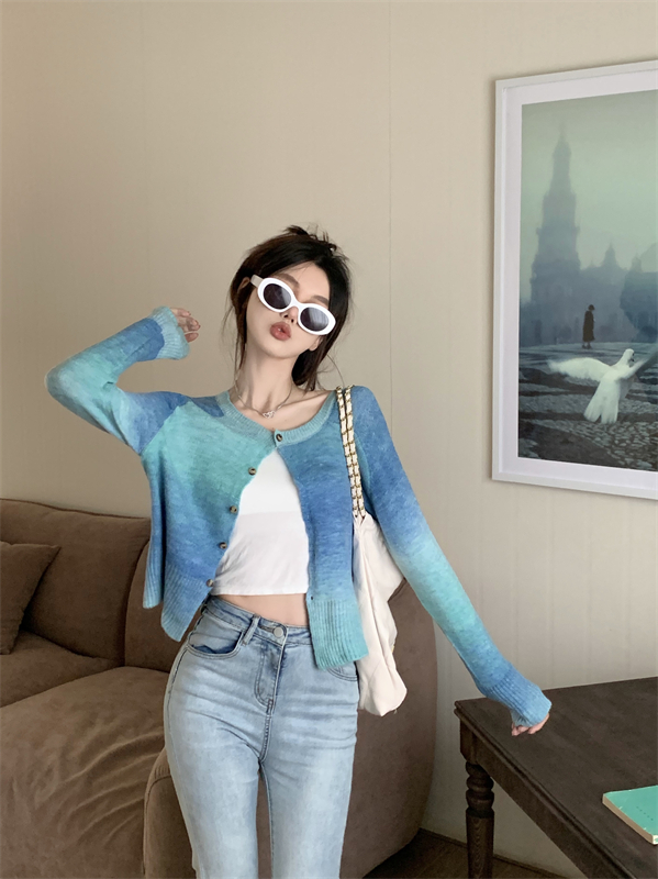 Gradient blue cardigan knitted autumn sweater