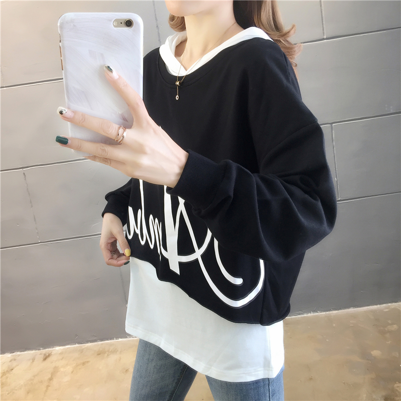 Pseudo-two Korean style tops loose hoodie for women
