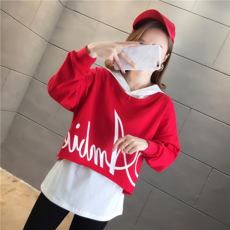 Pseudo-two Korean style tops loose hoodie for women