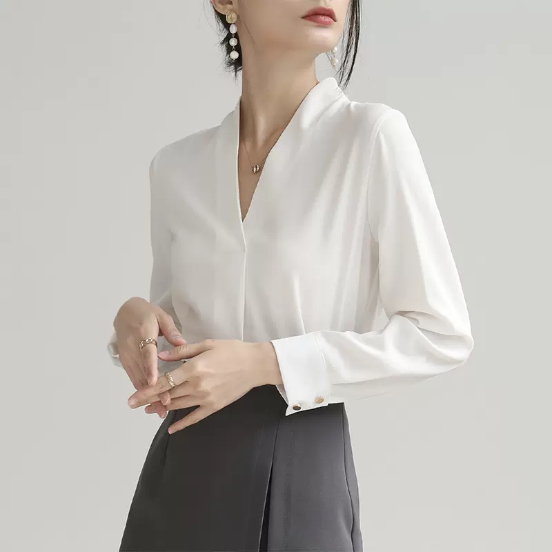 All-match V-neck Korean style shirt slim long sleeve tops