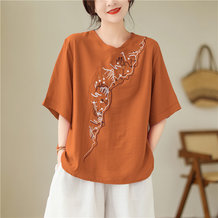 Summer embroidery cotton linen national style tops